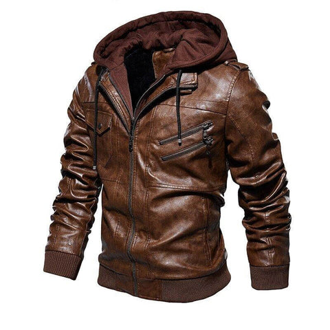 Jaqueta Masculina de Couro Legítimo Com Capuz Removível Maverick